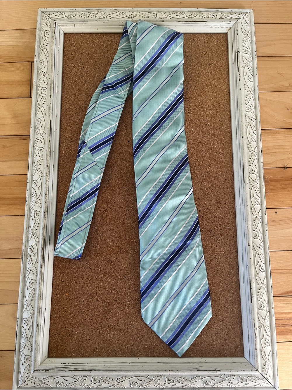 Jones New York Mint Green Striped Silk Tie with Navy and White Accents